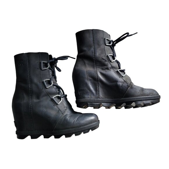 Sorel Joan Of Arctic Wedge II Black Waterproof Leather Lace-Up Boots Women SZ 7 - Picture 2 of 11